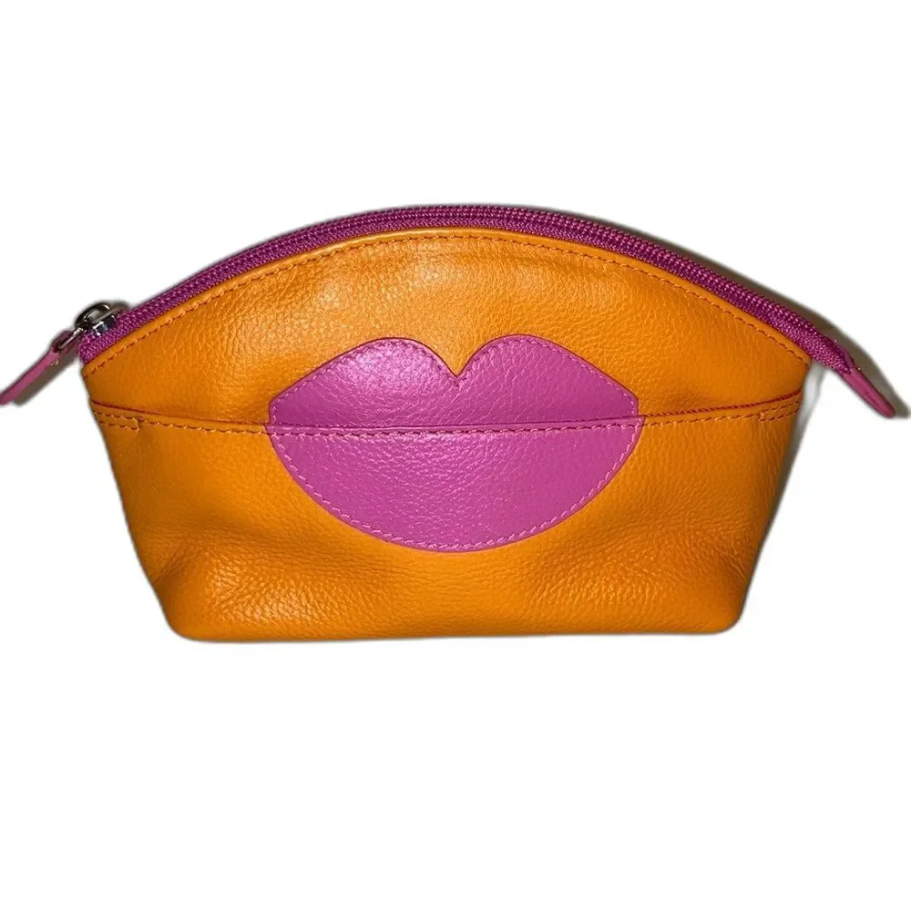 ILI New York Hot Lips Leather Cosmetic Makeup Case Bright Orange with Pink Lips